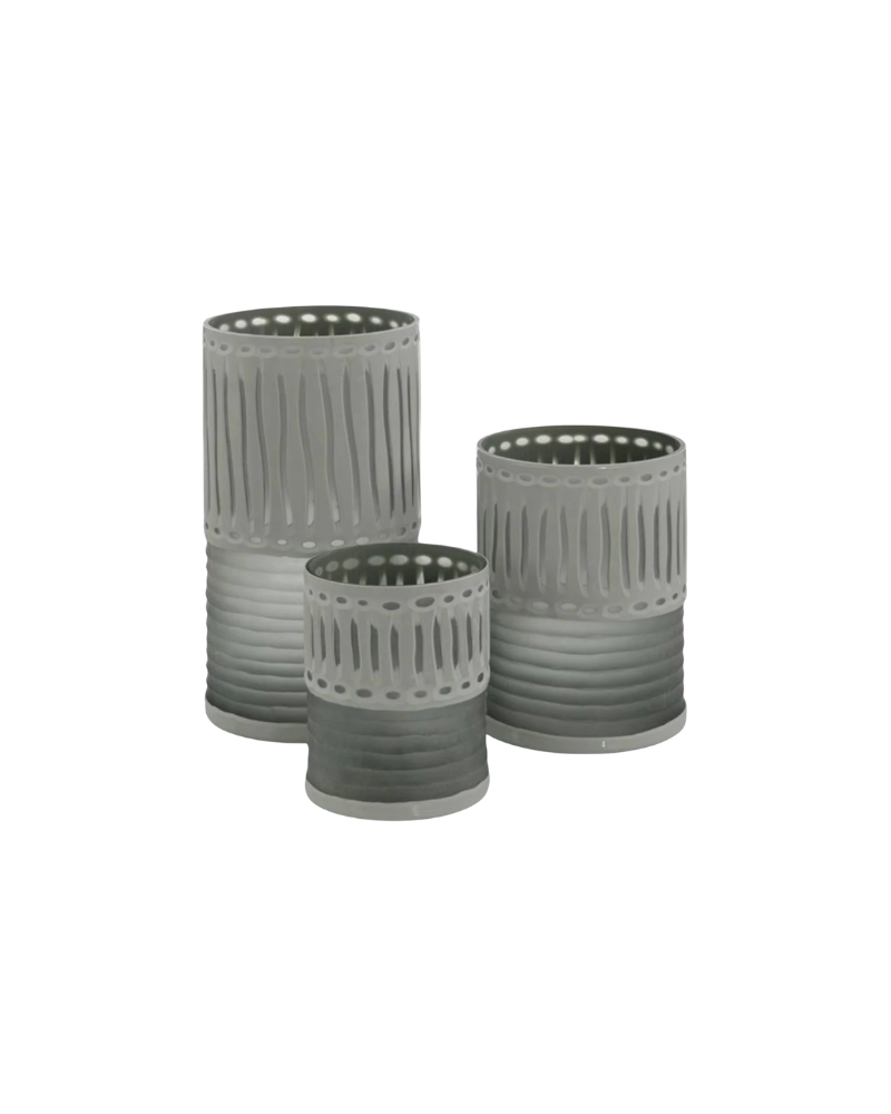 SET OF 3 Spearmint Engraved Glass Vases - Green and White