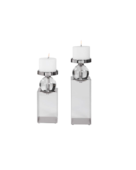 Lucian Polished Nickel Pillar Candle Holders Set of 2 - Silver