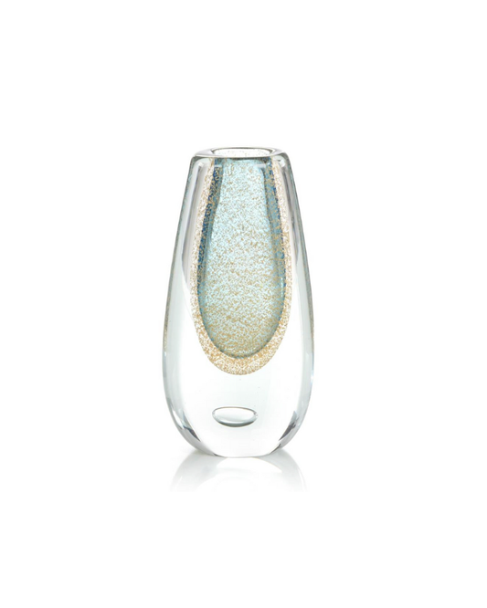 Gold Flecked Handblown Glass Vase Tall - Blue