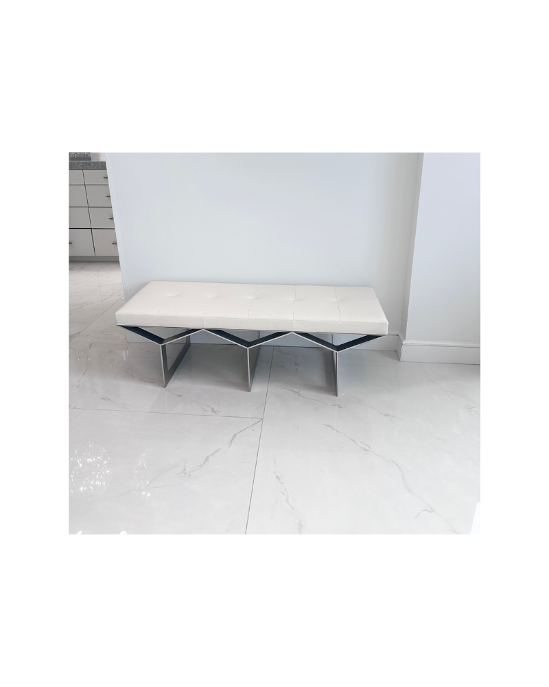 Transverse Leather and Steel Bench - White