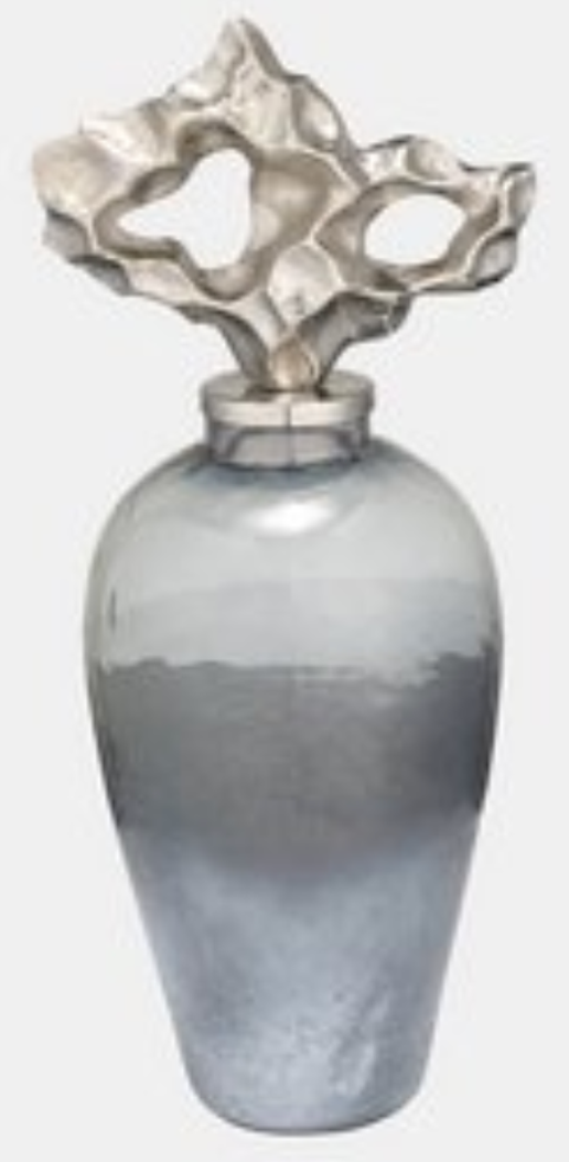 Textured Vase- Blue with Gray and Silver Metal - Small