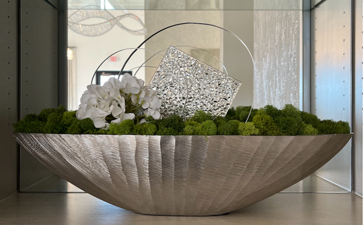 Silver Decorative Boat Floral with Decorative Glass